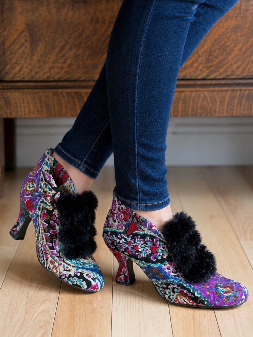 Baci Baroque Revival Tapestry Booties Black Fur Trim Vintage Inspired Shoes, 8 - Picture 10 of 14